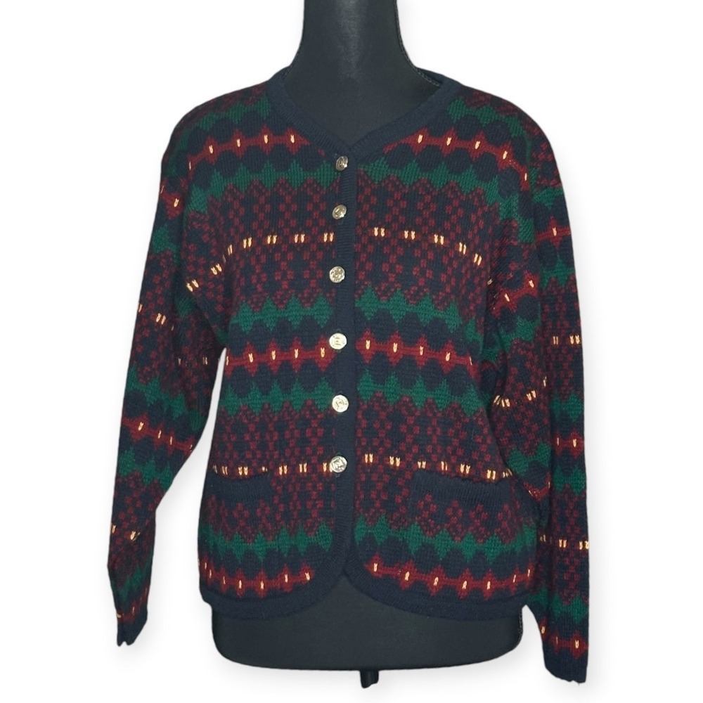 Vintage Tally-Ho Fair Isle Cardigan Sweater Navy Green Burgundy Gold Buttons PM